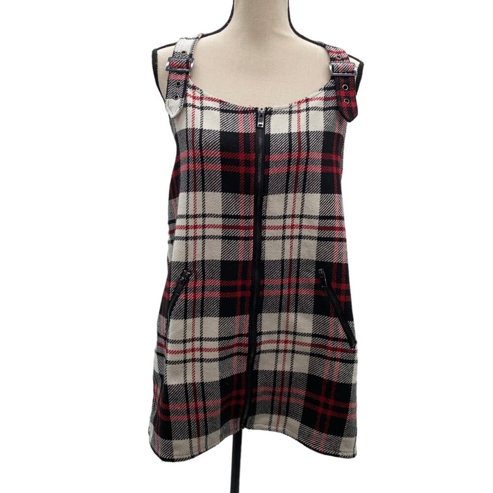 Forever 21 Large Plaid Pinafore Mini Dress Front Zip